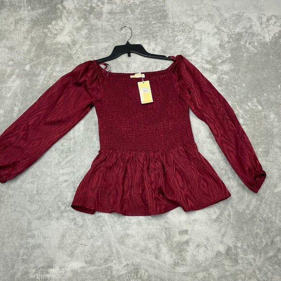 Michael Kors Womens Smocked Peplum Blouse S Dark Brandy 100% NWT 6154 - Picture 1 of 8